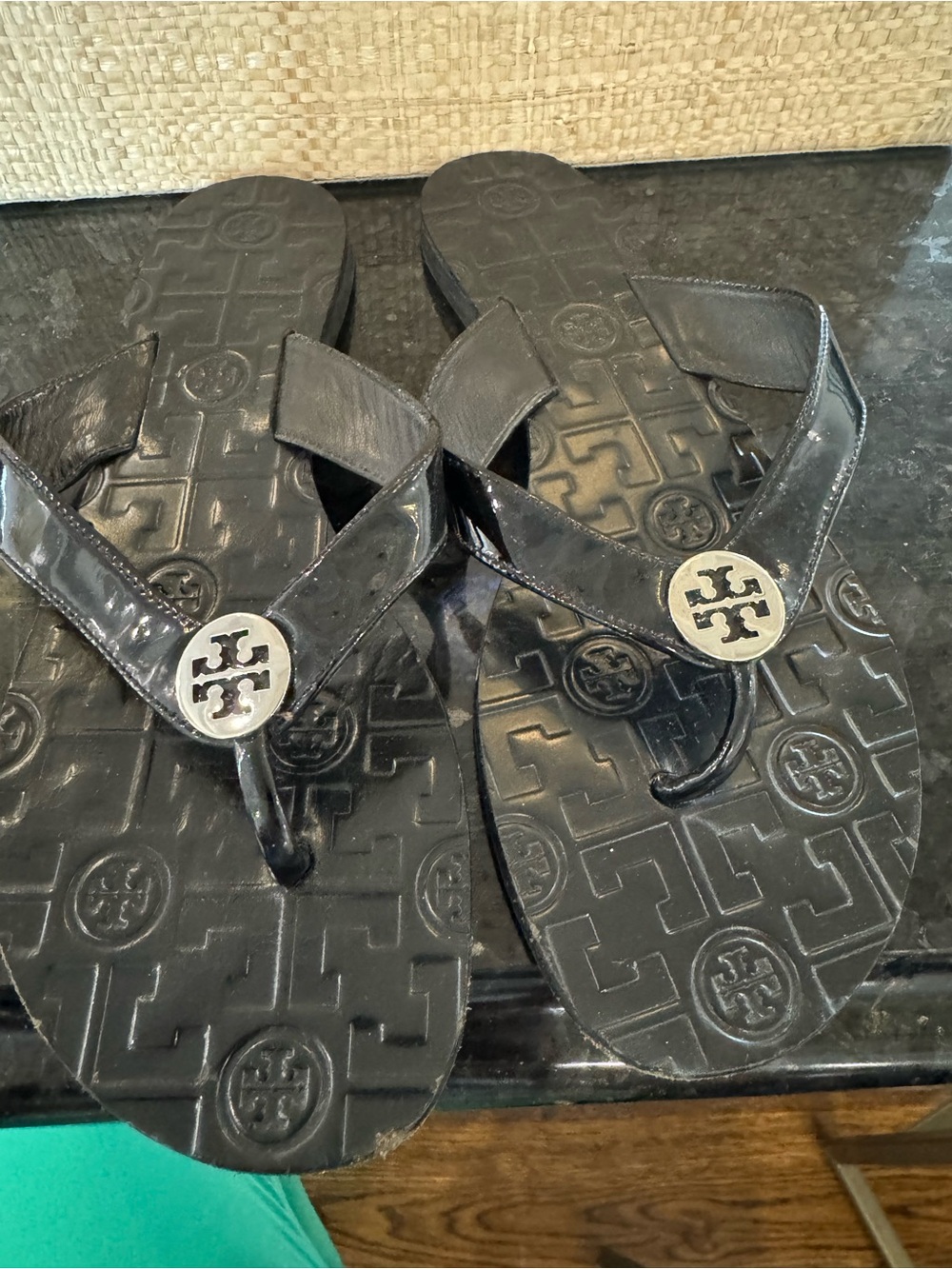 Tory Burch Black Patent Logo Thong Sandals